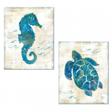 Lovely Nautical Turquoise and Cream Turtle and Seahorse Ocean Set by Sue Schlabach; Coastal Decor; Two 14x11in Unframed Paper Posters   